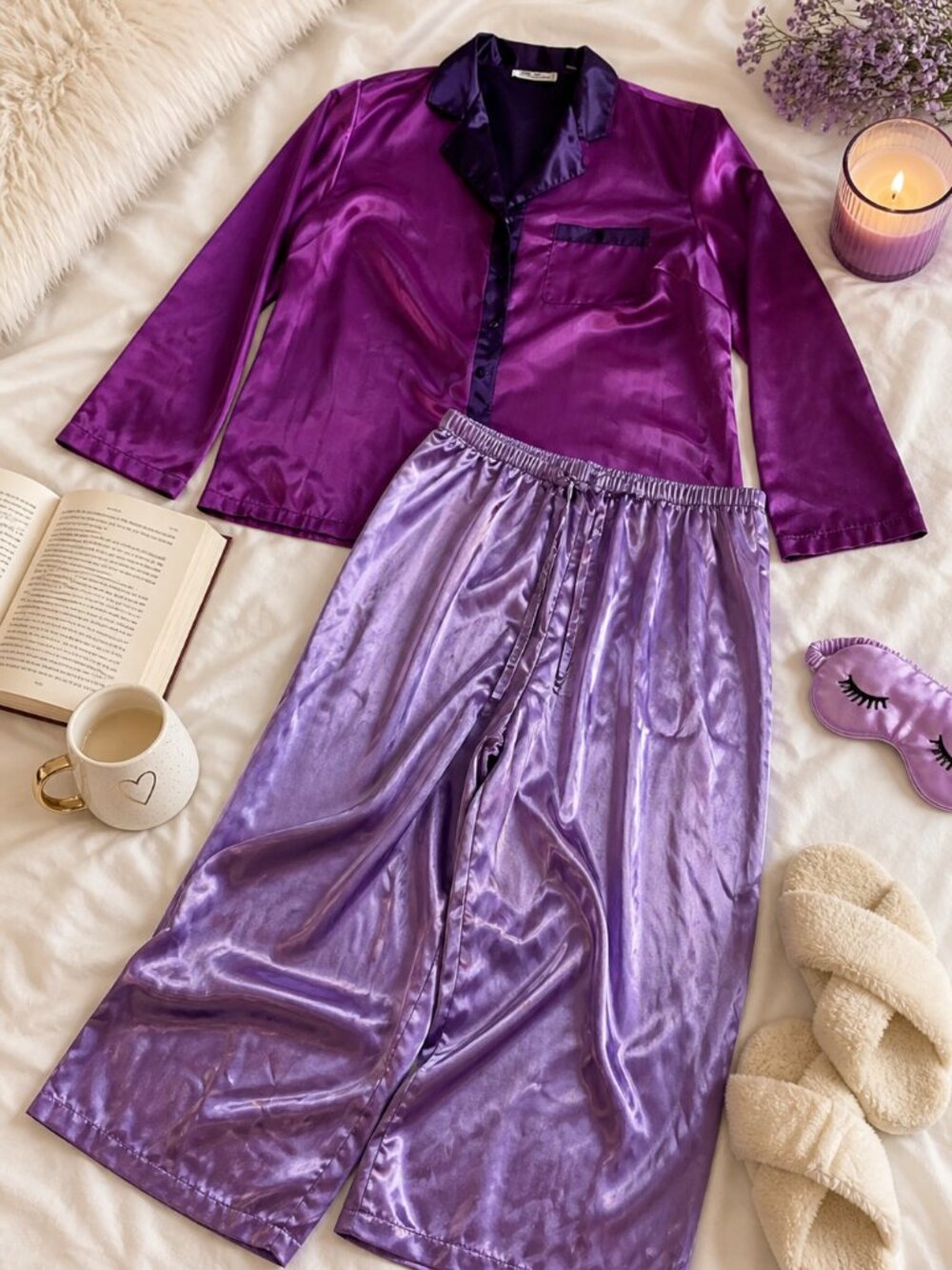 Vintage Chanteuse Satin Pajama Set Purple & Lilac 2PC Lounge Set XL
